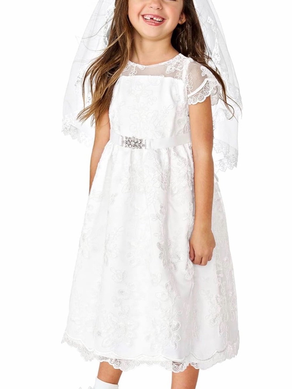 NWT Gymboree Girl White Floral Lace Formal Dress Jeweled Belt, Size 6